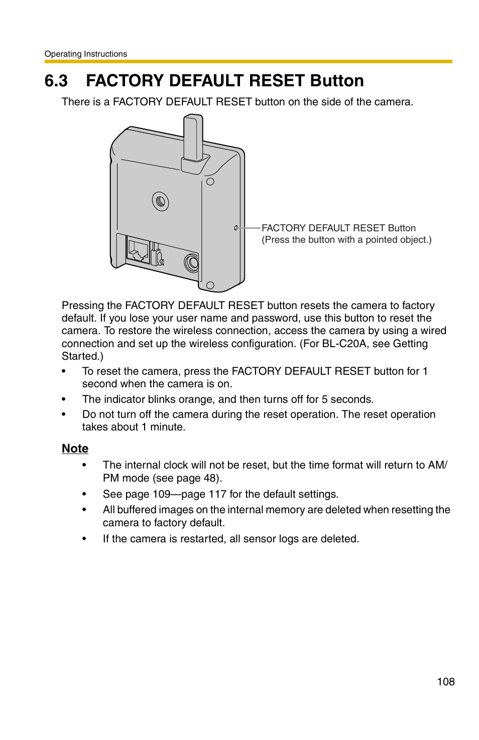 3 factory default reset button, Ge 108 | Panasonic BL-C1A User Manual | Page 108 / 141
