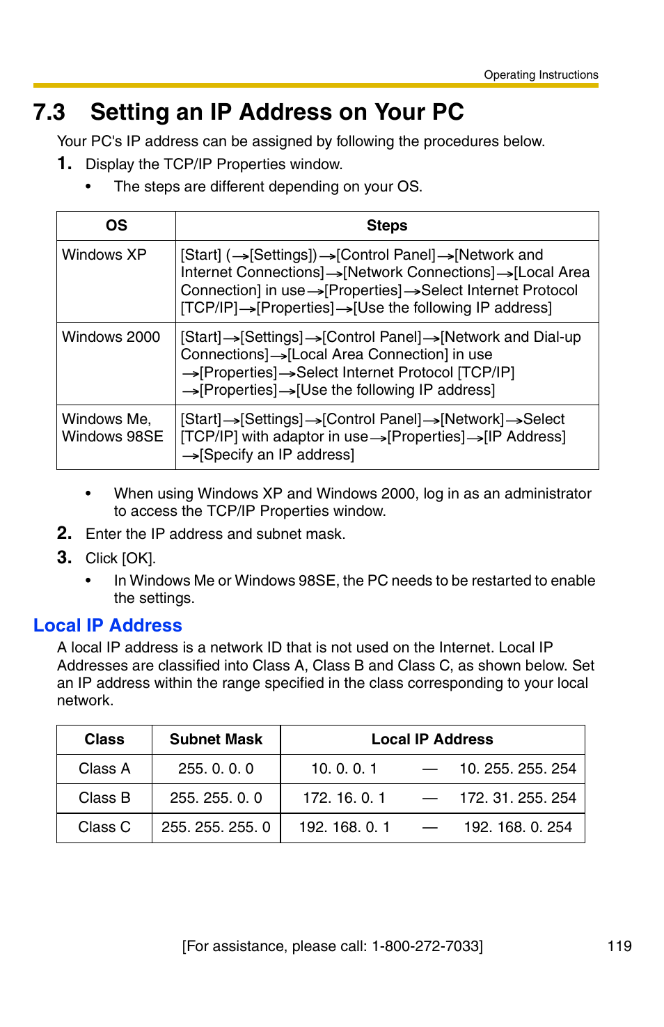 3 setting an ip address on your pc, Local ip address | Panasonic BL-C1A User Manual | Page 119 / 141