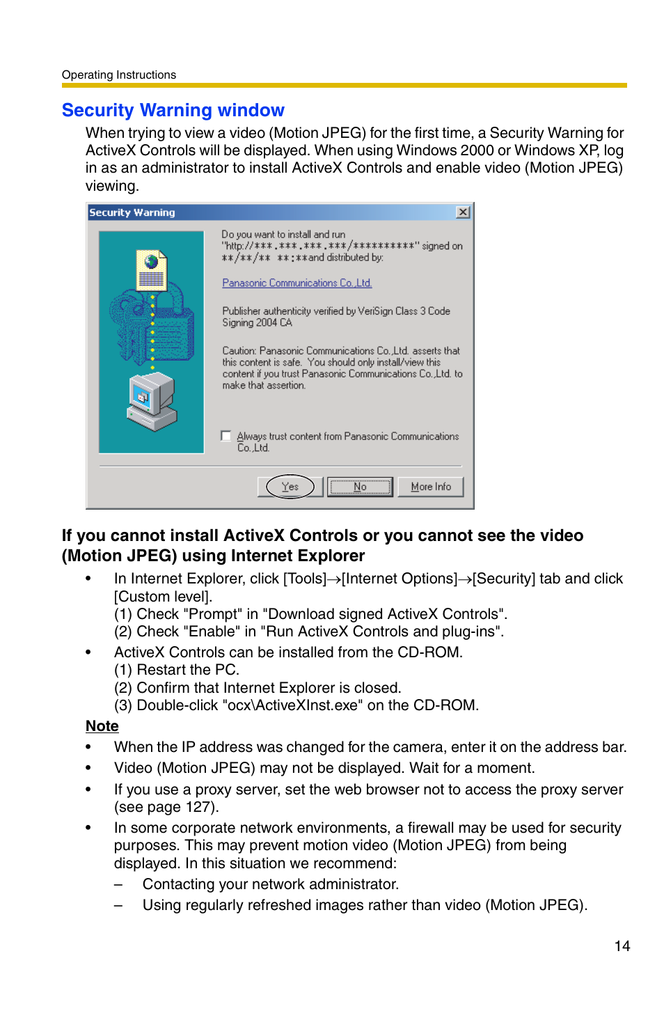 Security warning window | Panasonic BL-C1A User Manual | Page 14 / 141