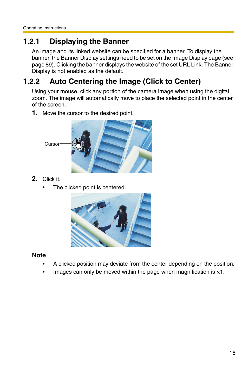 E 16, 1 displaying the banner, 2 auto centering the image (click to center) | Panasonic BL-C1A User Manual | Page 16 / 141