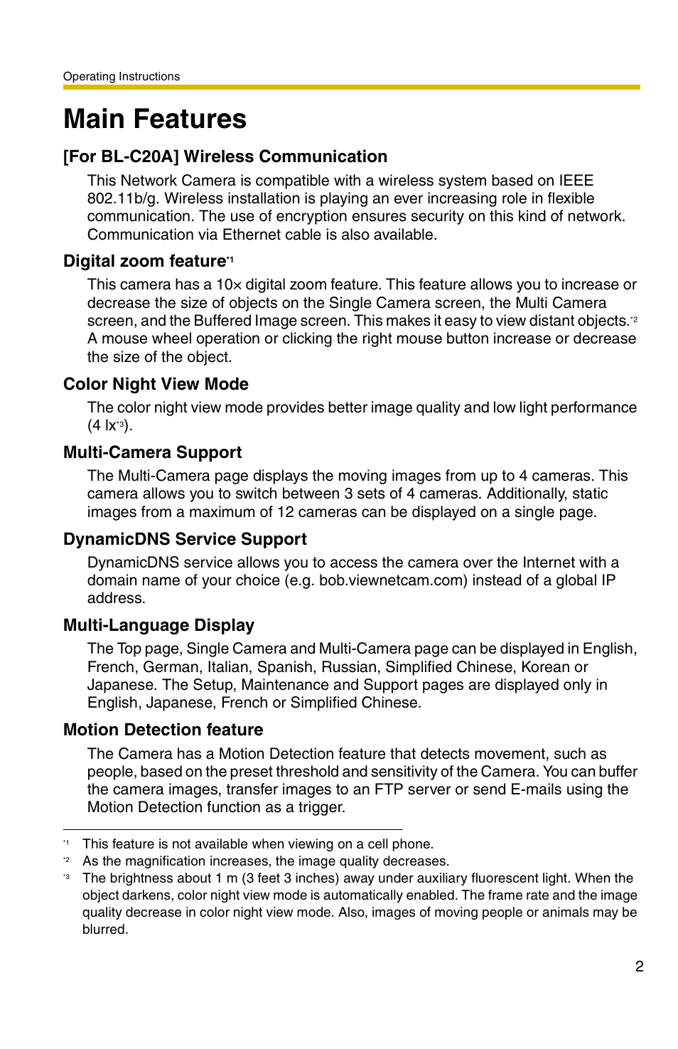 Main features, For bl-c20a] wireless communication, Digital zoom feature | Color night view mode, Multi-camera support, Dynamicdns service support, Multi-language display, Motion detection feature | Panasonic BL-C1A User Manual | Page 2 / 141