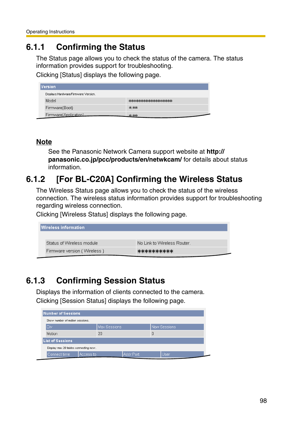 1 confirming the status, 2 [for bl-c20a] confirming the wireless status, 3 confirming session status | Panasonic BL-C1A User Manual | Page 98 / 141