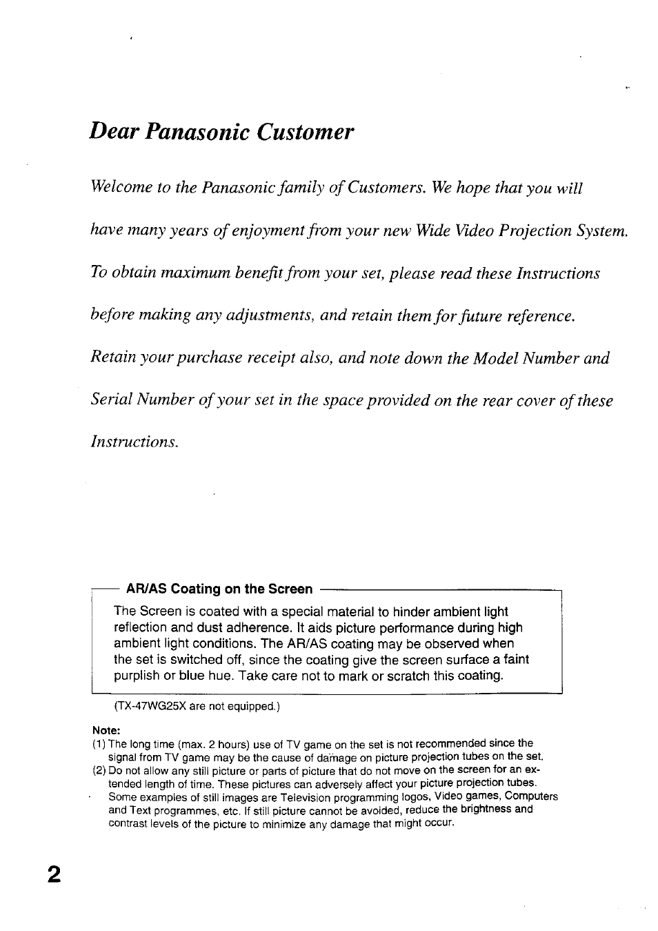 Ar/as coating on the screen, Dear panasonic customer | Panasonic TX-47WG25 User Manual | Page 2 / 60