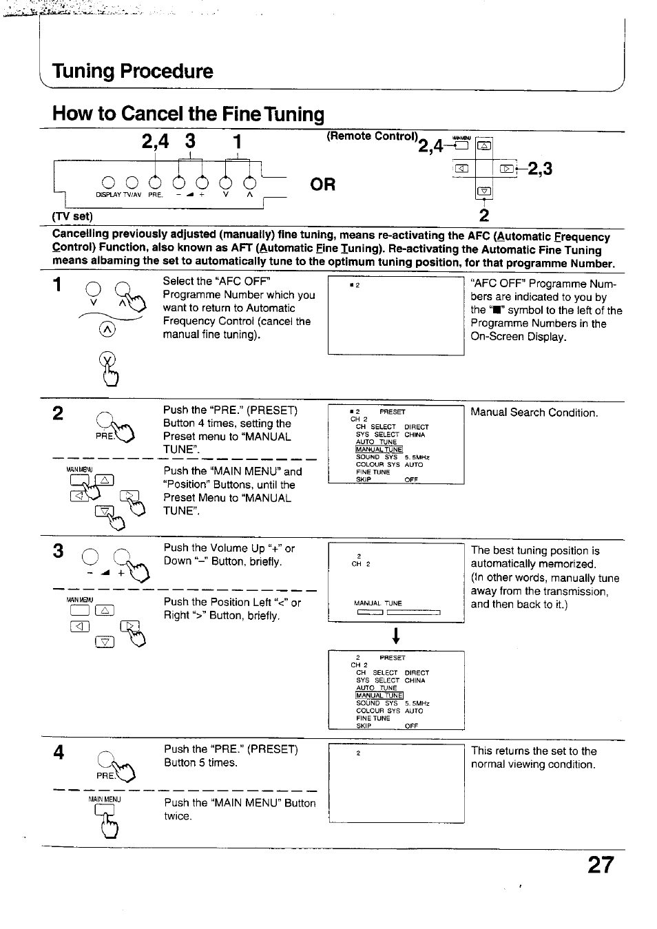 How to cancel the fine tuning, Remote control), Tv set) | Tuning procedure | Panasonic TX-47WG25 User Manual | Page 27 / 60
