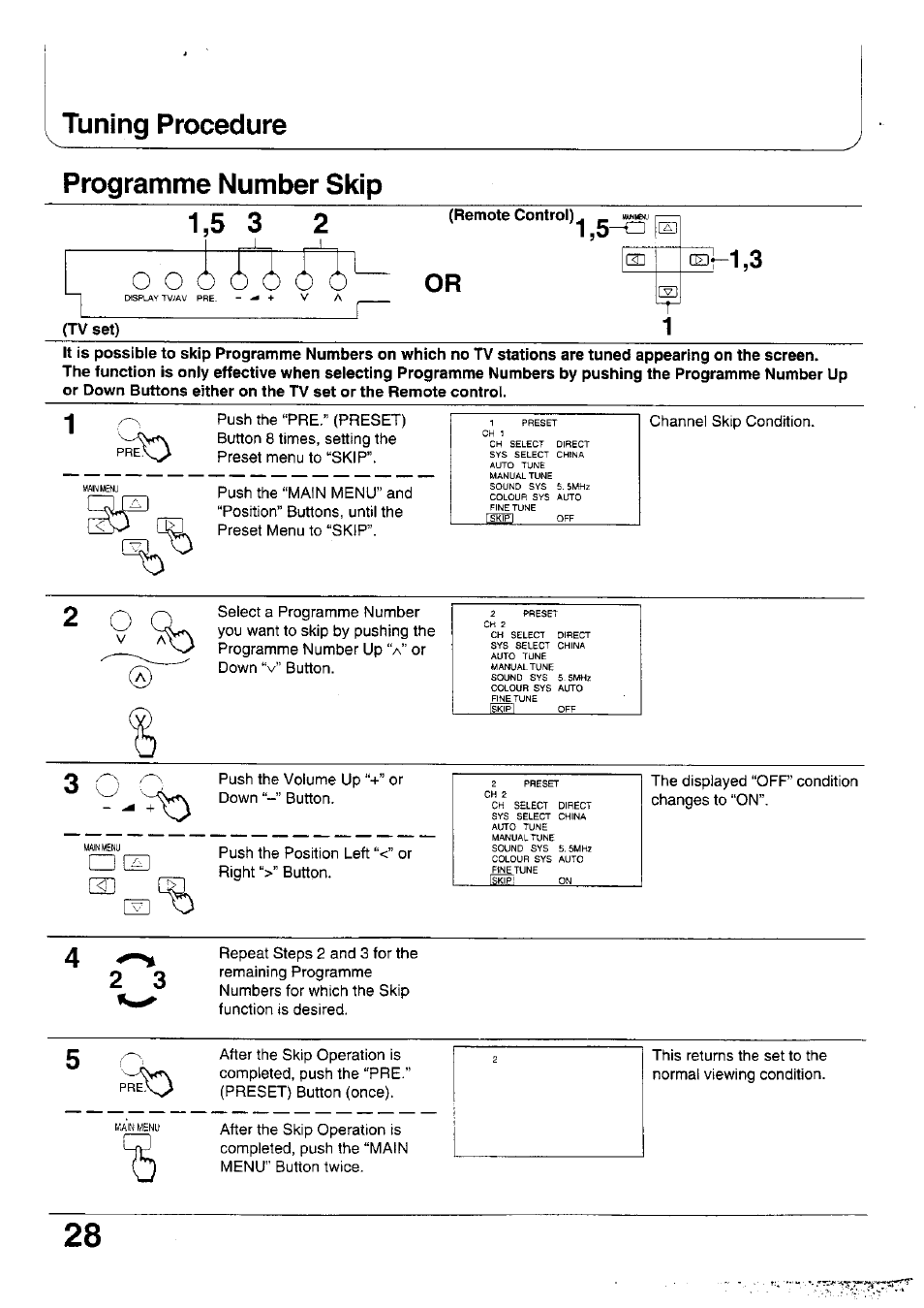 Programme number skip, Tv set), Tuning procedure | 1,5-a | Panasonic TX-47WG25 User Manual | Page 28 / 60