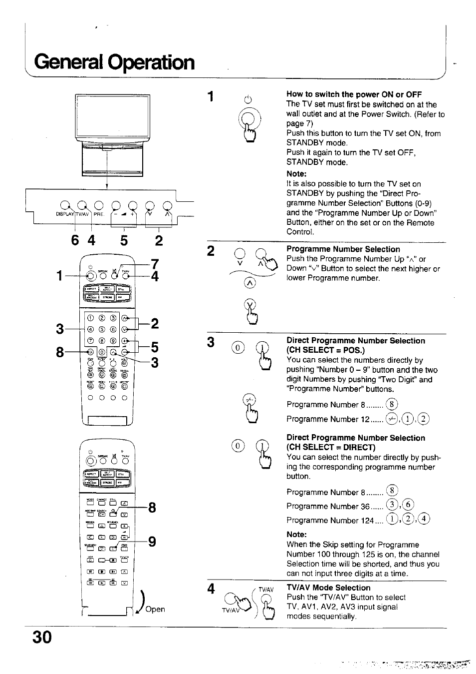 General operation, How to switch the power on or off, Programme number selection | Panasonic TX-47WG25 User Manual | Page 30 / 60