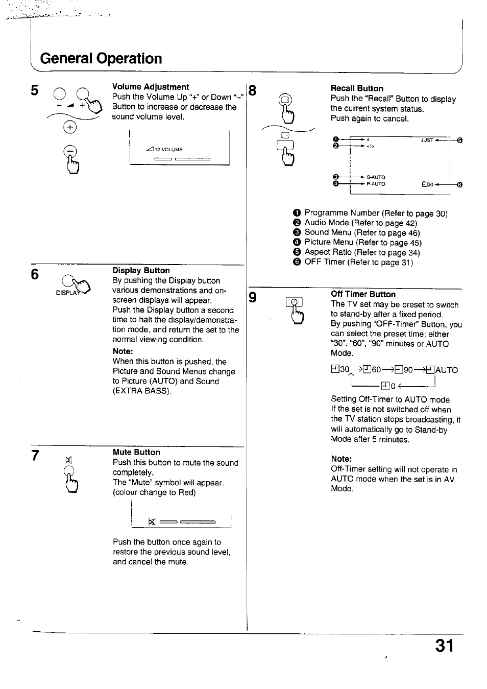 Display button, Note, Recall button | Mute button, Off timer button, General operation | Panasonic TX-47WG25 User Manual | Page 31 / 60