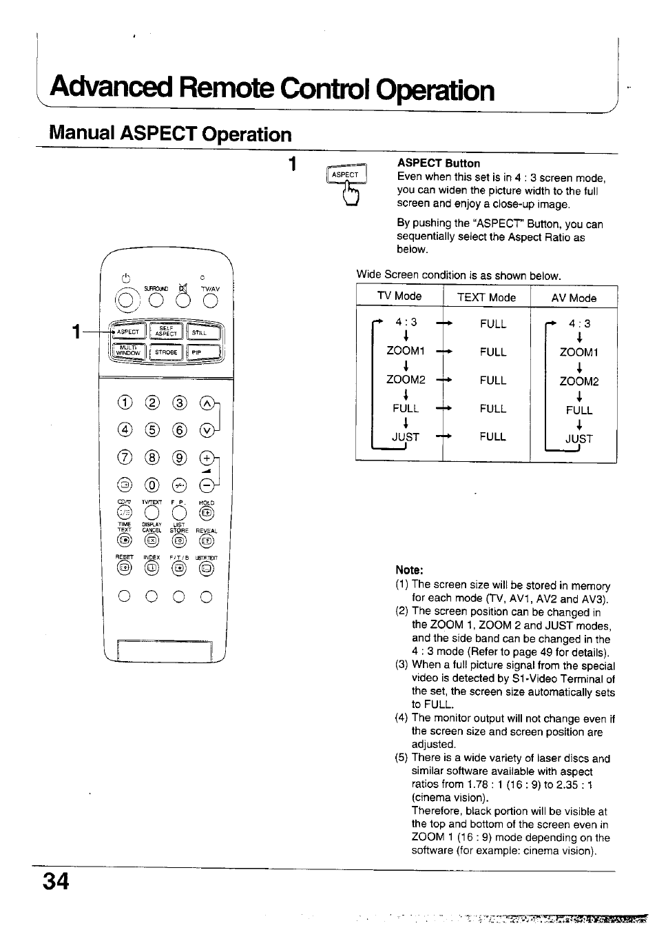 Advanced remote control operation, Aspect button, Note | Manual aspect operation | Panasonic TX-47WG25 User Manual | Page 34 / 60