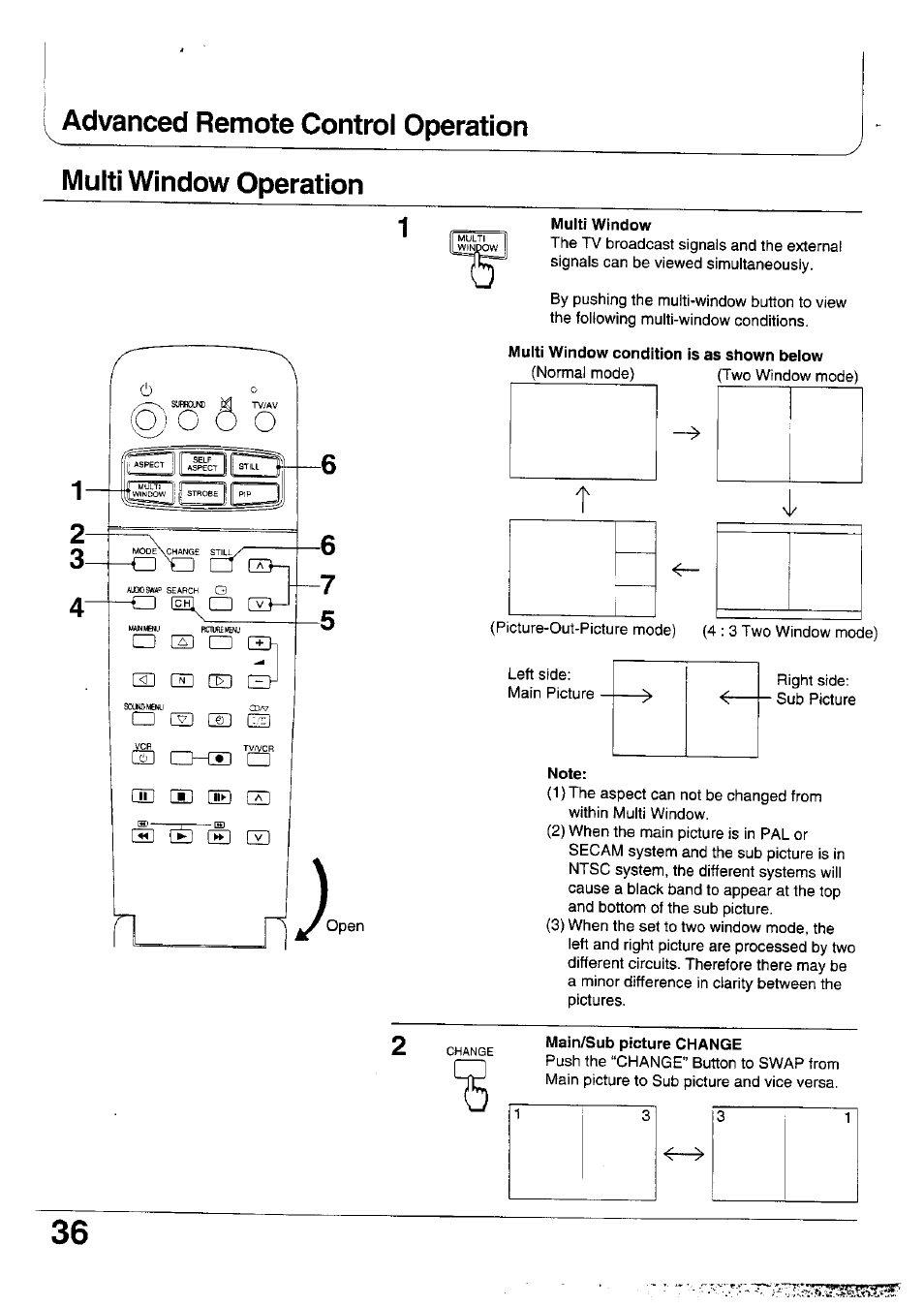 Multi window, Multi window condition is as shown below, Note | Main/sub picture change | Panasonic TX-47WG25 User Manual | Page 36 / 60
