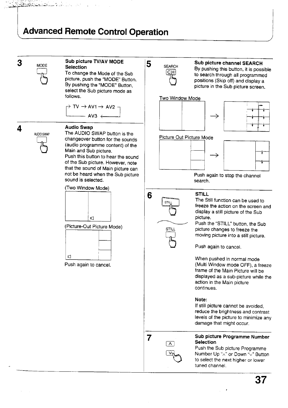 Sub picture tv/av mode selection, Audio swap, Sub picture channel search | Still, Note, Sub picture programme number selection, Advanced remote control operation | Panasonic TX-47WG25 User Manual | Page 37 / 60