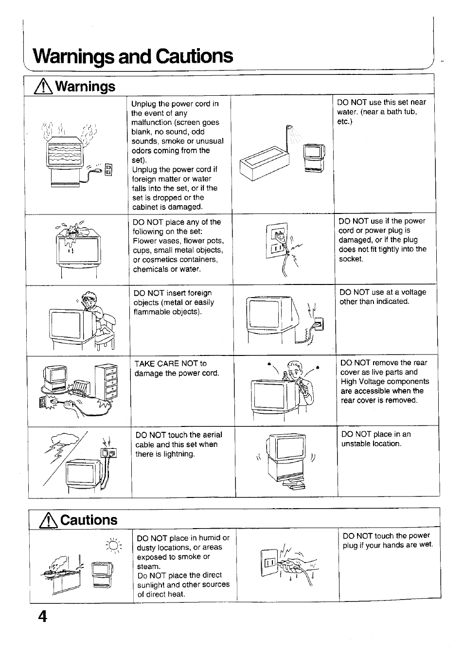 Warnings and cautions, 4\ warnings, A, cautions | Warnings | Panasonic TX-47WG25 User Manual | Page 4 / 60