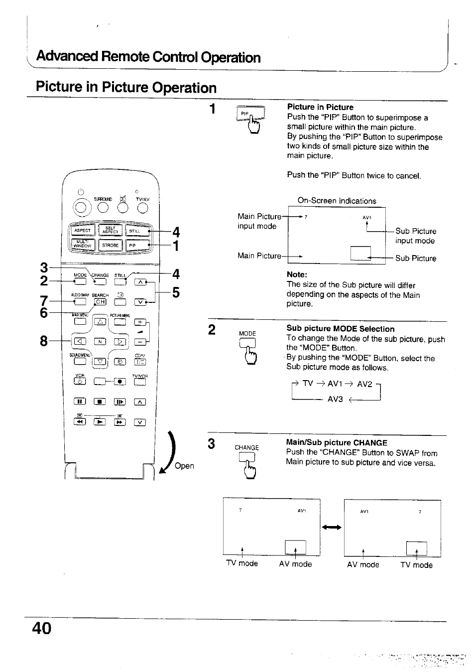 Picture in picture, Note, Sub picture mode selection | Main/sub picture change | Panasonic TX-47WG25 User Manual | Page 40 / 60