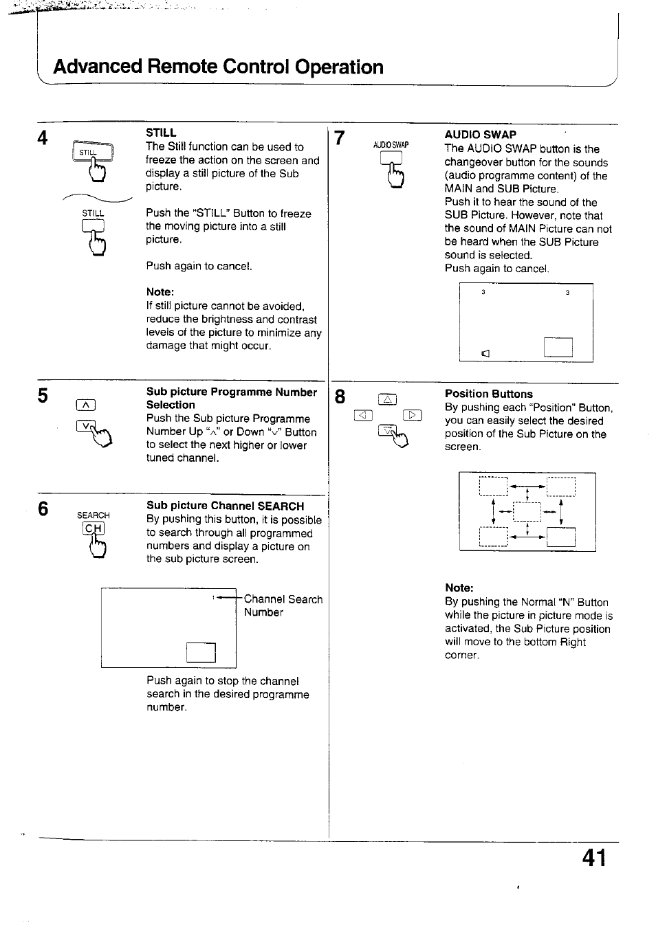 Still, Note, Audio swap | Sub picture programme number selection, Sub picture channel search, Position buttons, Advanced remote control operation | Panasonic TX-47WG25 User Manual | Page 41 / 60