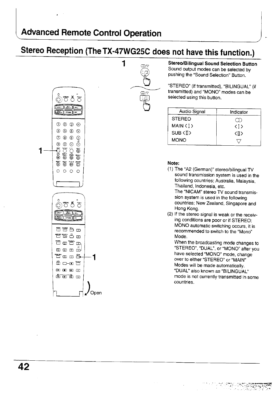 1 cdv stereo/bilingual sound selection button, Note, Advanced remote control operation | Panasonic TX-47WG25 User Manual | Page 42 / 60