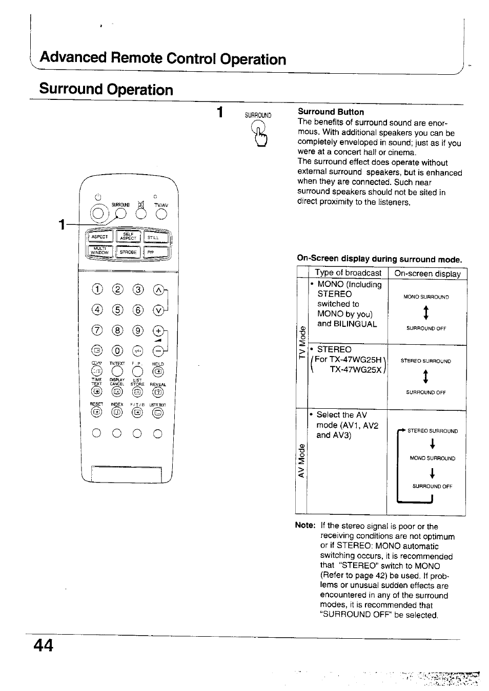 Surround button, On-screen display during surround mode | Panasonic TX-47WG25 User Manual | Page 44 / 60