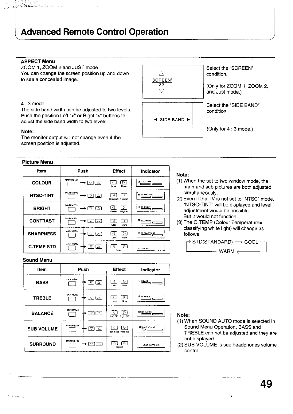 Aspect menu, Note, Picture menu | Sound menu, Advanced remote control operation | Panasonic TX-47WG25 User Manual | Page 49 / 60