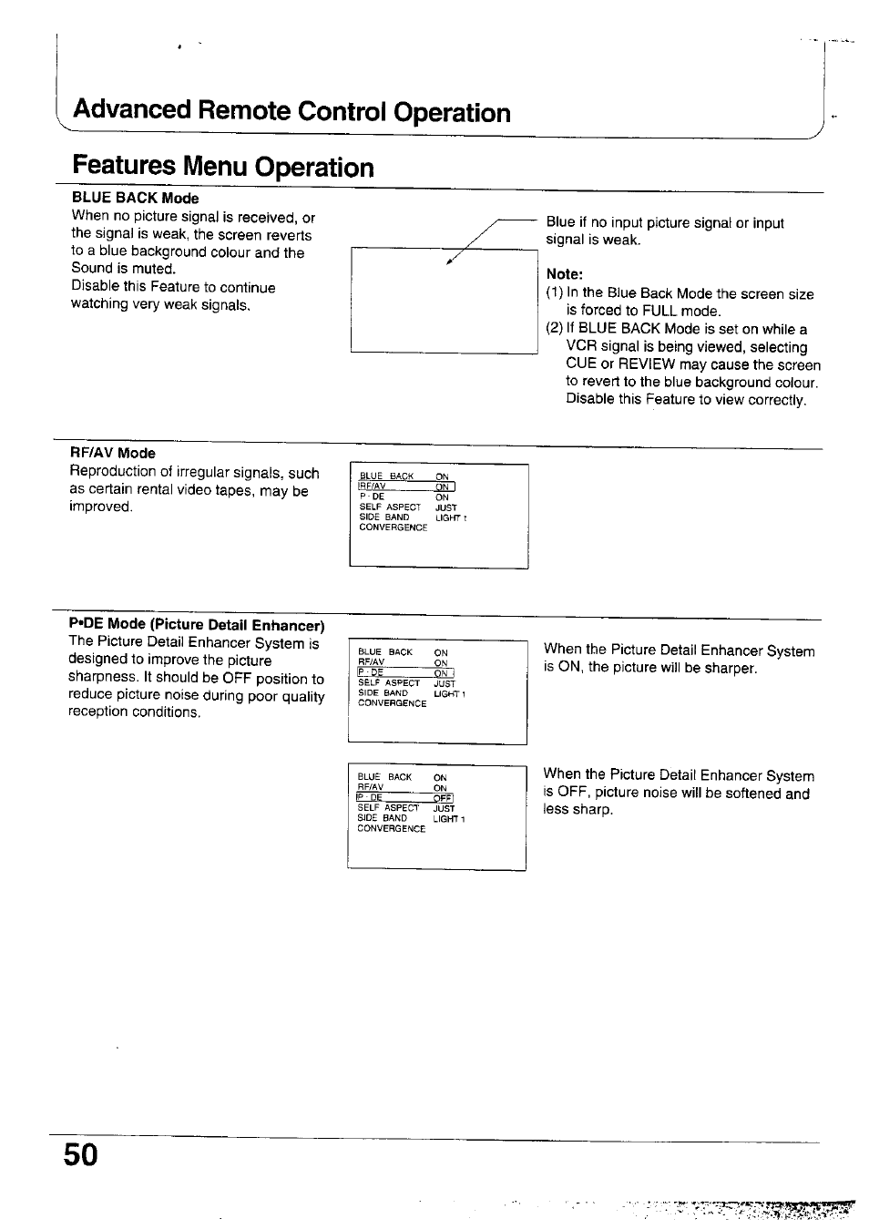 Blue back mode, Note, P«de mode (picture detail enhancer) | Panasonic TX-47WG25 User Manual | Page 50 / 60