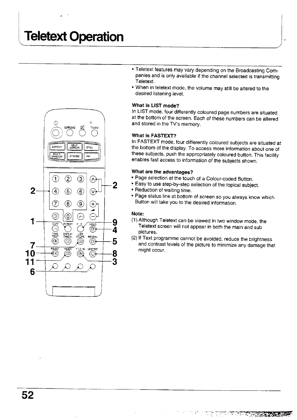 Teletext operation, What is list mode, What is fastext | What are the advantages, Note | Panasonic TX-47WG25 User Manual | Page 52 / 60