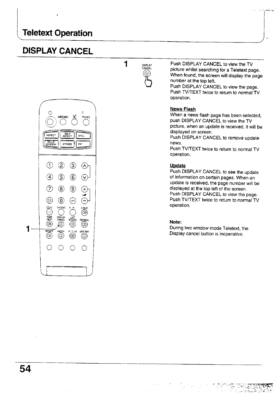 Display cancel, News flash, Update | Note, Teletext operation | Panasonic TX-47WG25 User Manual | Page 54 / 60