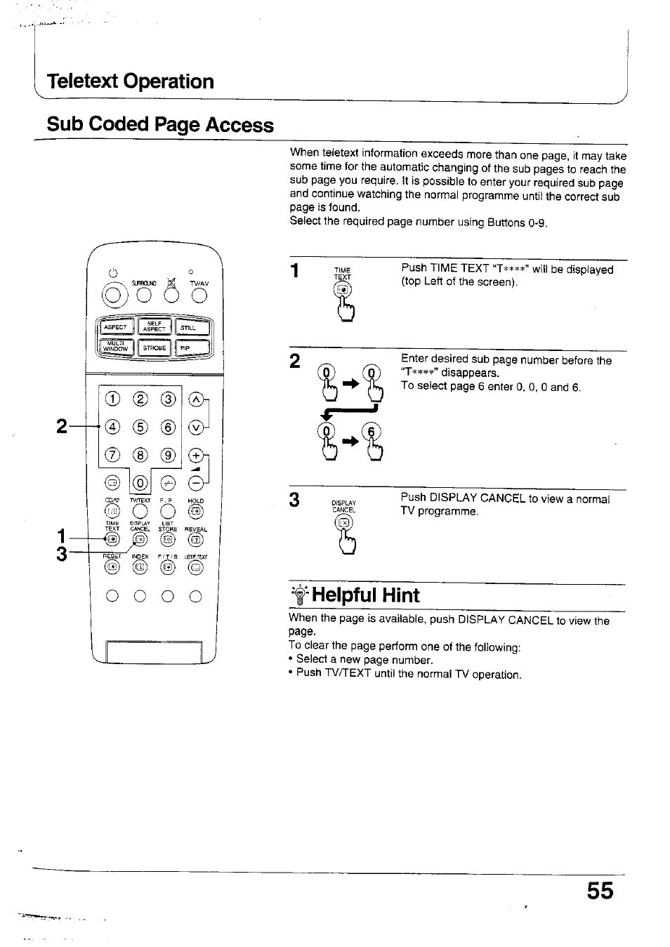 Helpful hint, D (3), O o i) | Sub coded page access, O0)0, Teletext operation | Panasonic TX-47WG25 User Manual | Page 55 / 60