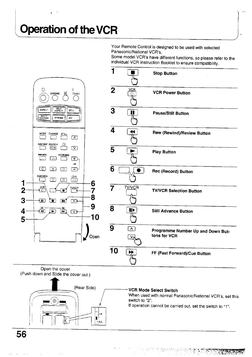 Operation of the vcr, Vcr mode select switch | Panasonic TX-47WG25 User Manual | Page 56 / 60