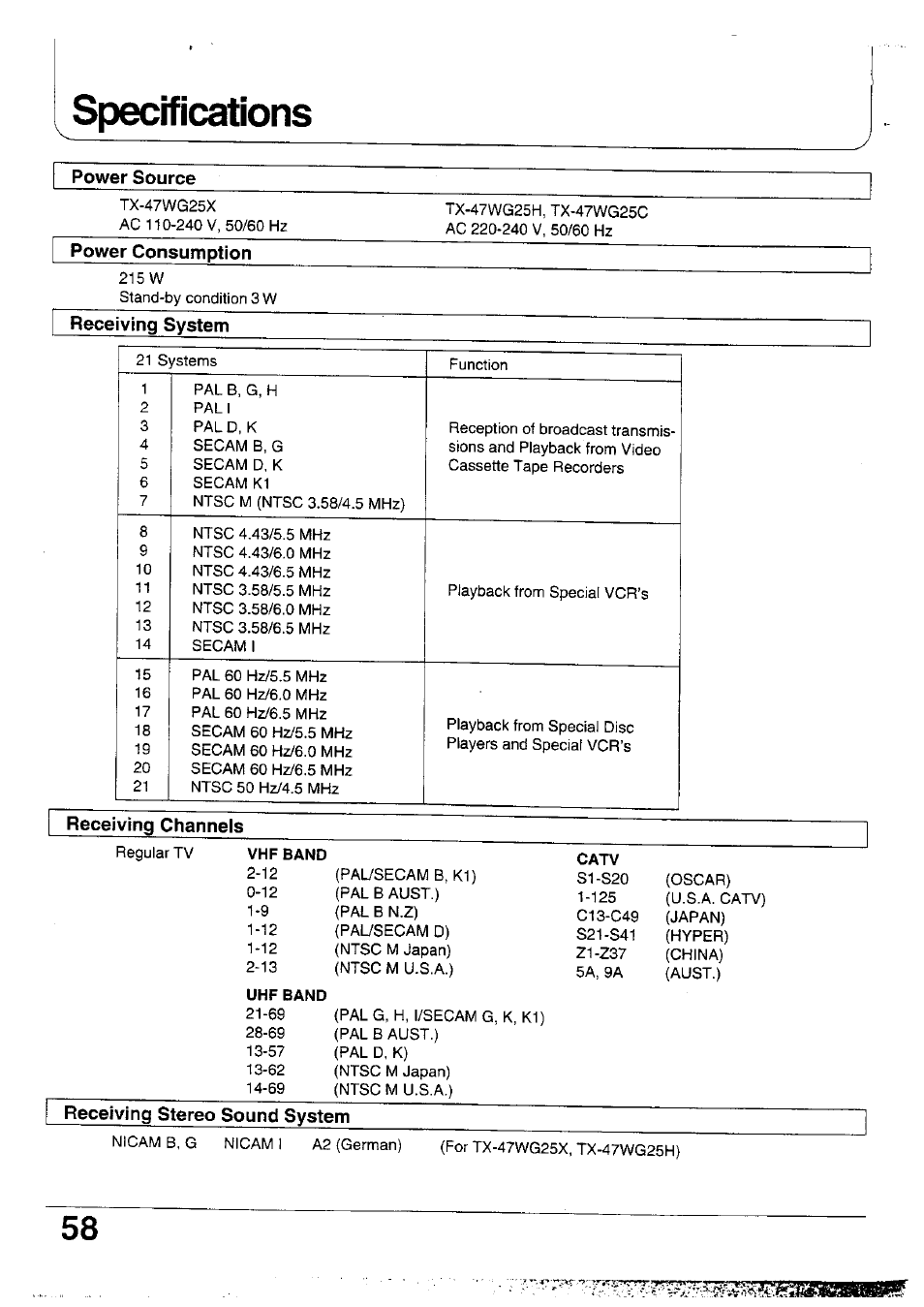 Specifications, Power source, Power consumption | Receiving system, Receiving channels | Panasonic TX-47WG25 User Manual | Page 58 / 60