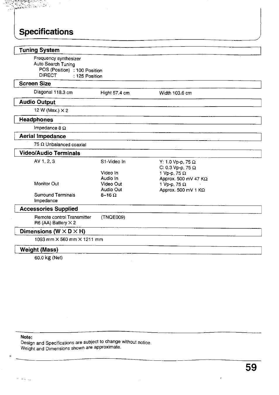 Specifications, Tuning system, Screen size | Audio output, Headphones, Aerial impedance, Video/audio terminals, Dimensions (w x d x h), Weight (mass), Note | Panasonic TX-47WG25 User Manual | Page 59 / 60