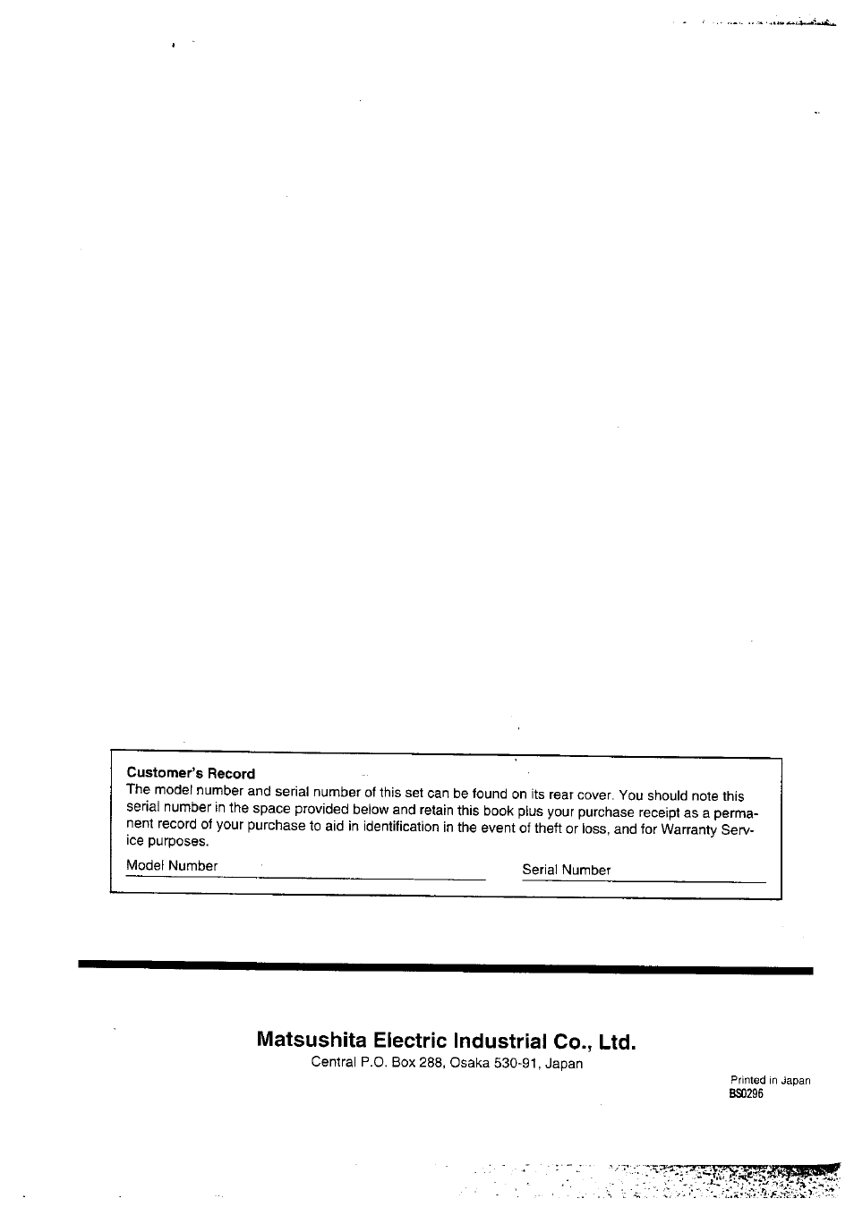 Customer’s record, Matsushita electric industrial co., ltd | Panasonic TX-47WG25 User Manual | Page 60 / 60