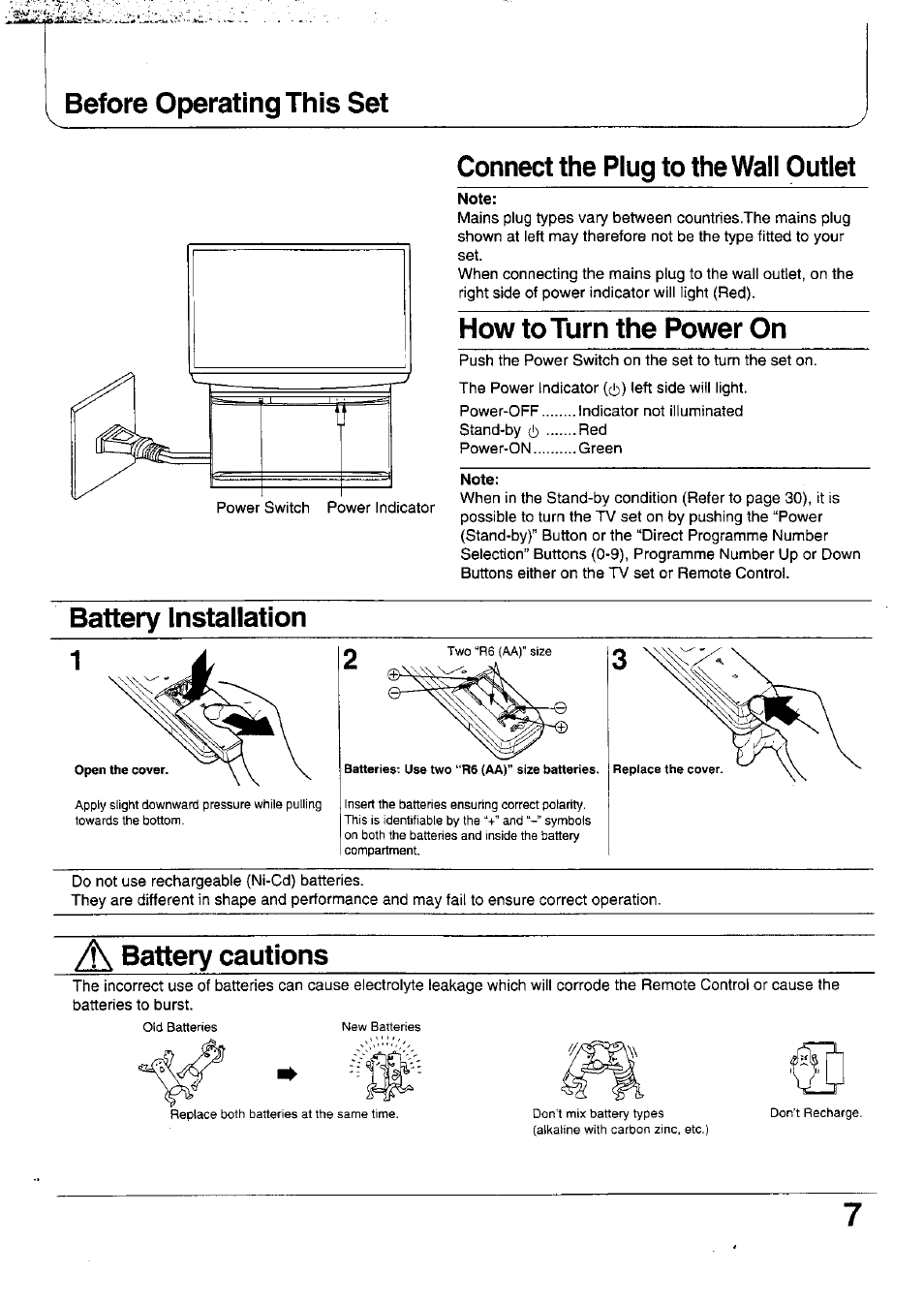 Before operating this set, Connect the piug to the wall outlet, Note | How to turn the power on, Battery installation, A battery cautions | Panasonic TX-47WG25 User Manual | Page 7 / 60