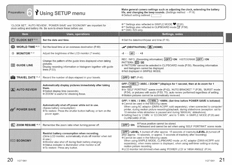 F using setup menu | Panasonic DMC-TZ2 User Manual | Page 11 / 54