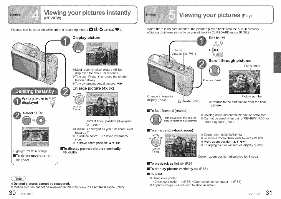 Your pictures instaintly, Display picture, Enlarge picture (4x/8x) | Select ‘yes, Scroll through pictures, To fast-forward (rewind), To enlarge (playback zoom), To playback as list ■ (p.61), Ii ■bastcs | Panasonic DMC-TZ2 User Manual | Page 16 / 54