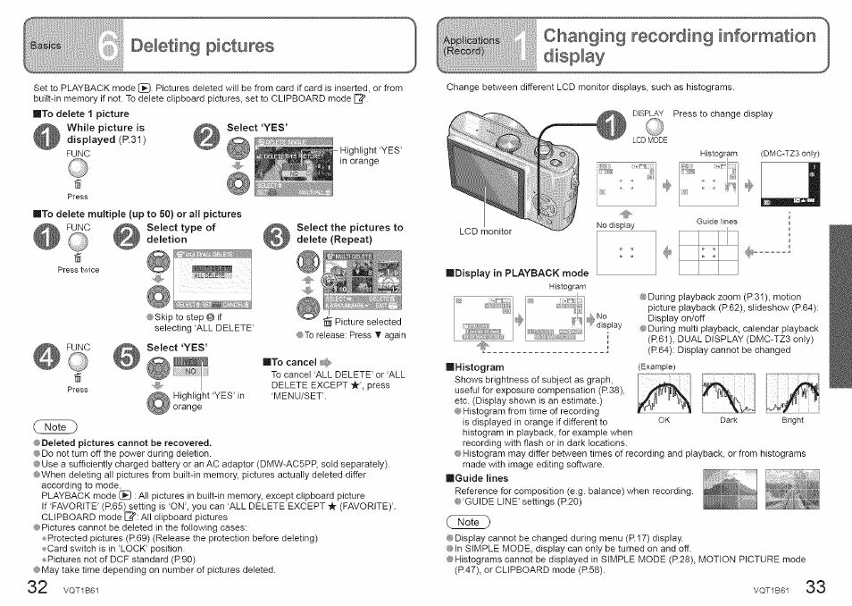 Deleting pictures, Ito delete multiple (up to 50) or all pictures, Ito cancel | Ihistogram, Taking pictures, Changing racording information | Panasonic DMC-TZ2 User Manual | Page 17 / 54