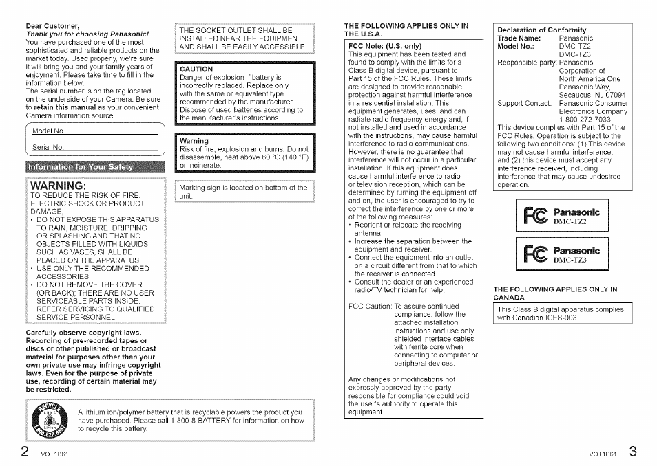 Warning, Panasonic | Panasonic DMC-TZ2 User Manual | Page 2 / 54