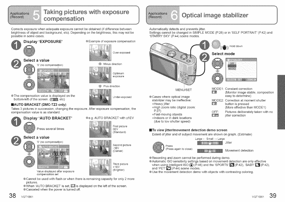 Ifllcinq picturgs \ comdensation, Ay ‘exposure, T a value | Iitiaqg staoiti2.gr, Pjicailgns, Ay ‘exposure’ t a value, Display ‘auto bracket, Iioior,’- a value | Panasonic DMC-TZ2 User Manual | Page 20 / 54