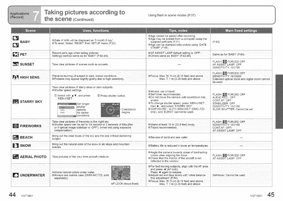 Pictures according to, Bi‘ se, Lene {continyeci | Applications (record), Baby, High sens. starry sky, Beach, Fi snow, Photo | Panasonic DMC-TZ2 User Manual | Page 23 / 54