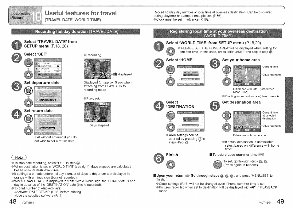 Useful, M for travel, Select travel date’ from i setup menu (p.18, 20) | Set departure date, Set return date, Ct ‘world time’ from setup menu (p.18,20), Ct ‘home, Lect, Estinationi, Set destination area | Panasonic DMC-TZ2 User Manual | Page 25 / 54
