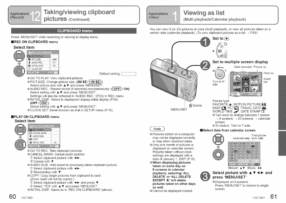 Pboard, Iplay on clipboard menu, Select item | Set to, Set to multiple screen display, Select picture with a t ◄ ► and, Ntin | Panasonic DMC-TZ2 User Manual | Page 31 / 54