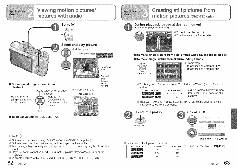 Set to e, Ct and play picture, Operations during motion picture playback | To adjust volume, During playback, pause at desired moment, Create still picture, Select ‘yes, Ion pictures | Panasonic DMC-TZ2 User Manual | Page 32 / 54