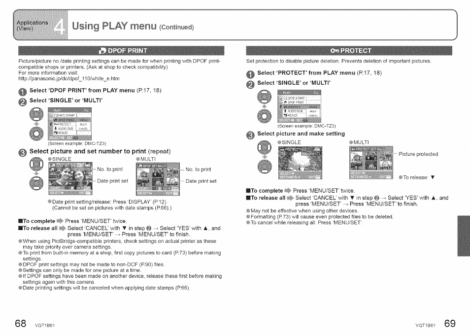 Select picture and set number to print (repeat), 0 select ‘single’ or ‘multi | Panasonic DMC-TZ2 User Manual | Page 35 / 54