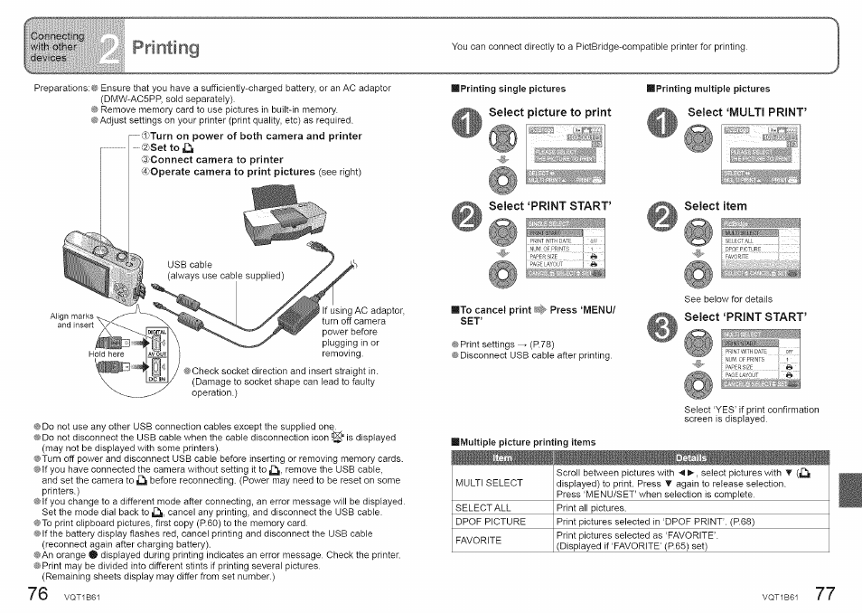 Select picture to print, Select ‘multi print, Ct‘print start | Select item, To cancel print press ‘menu/ set | Panasonic DMC-TZ2 User Manual | Page 39 / 54