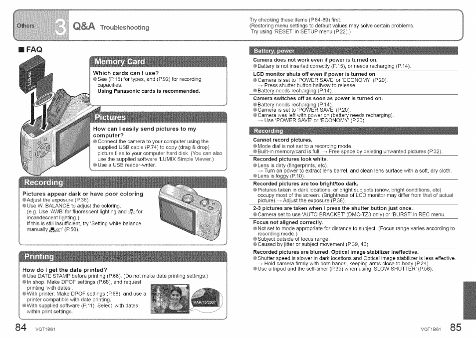 How can i easily send pictures to my computer, Pictures appear dark or have poor coloring, How do i get the date printed | Panasonic DMC-TZ2 User Manual | Page 43 / 54