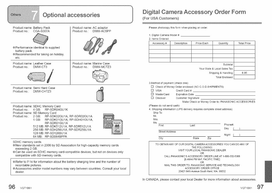 Tioiiai accessories, Ir‘i';ptali carnets /cxessory order, Optional | Accessories | Panasonic DMC-TZ2 User Manual | Page 49 / 54