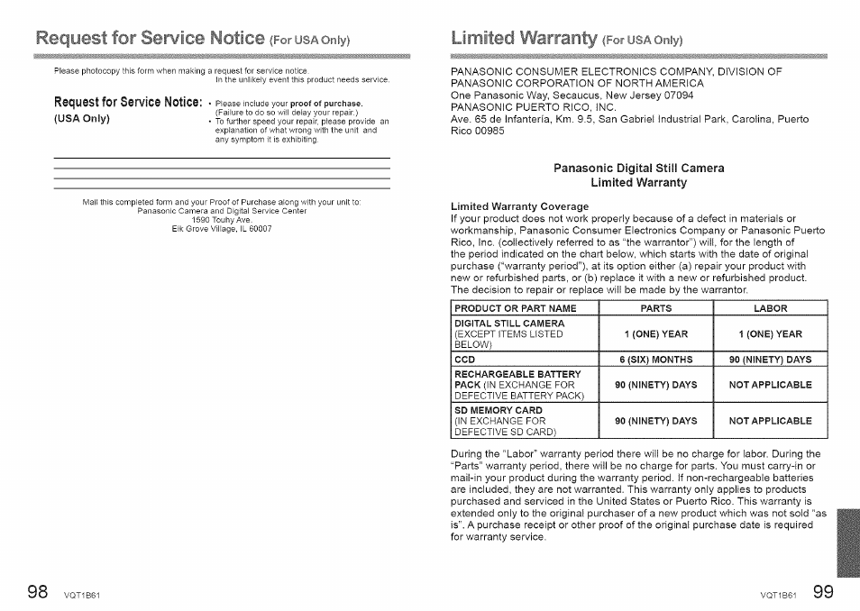 Request for servi /j m otice (for usa omyi, Panasonic digital still camera limited warranty, Limited warranty coverage | Request, Service, Notice, For usa only), Request for servi, M otice, Limited warranty (for usaomy) | Panasonic DMC-TZ2 User Manual | Page 50 / 54