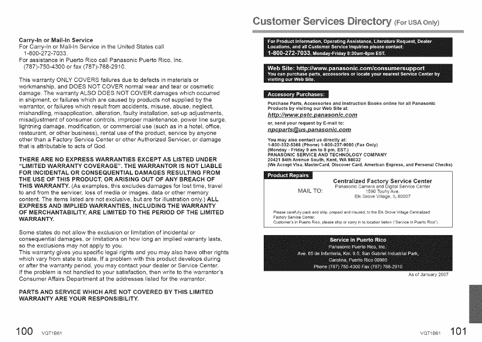 M'stomer services directory (for usaomy), Carry-in or mail-in service, Centralized factory service center | Panasonic DMC-TZ2 User Manual | Page 51 / 54