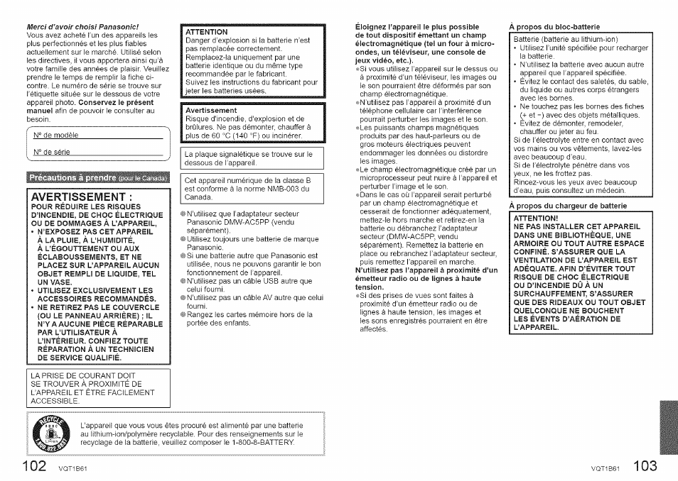 Avertissement | Panasonic DMC-TZ2 User Manual | Page 52 / 54