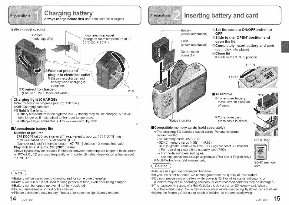 Ting battery and card, Approximate battery life number of pictures, Inserting battery and card | Ipsya«,«::/:;;:: charging, Battery | Panasonic DMC-TZ2 User Manual | Page 8 / 54