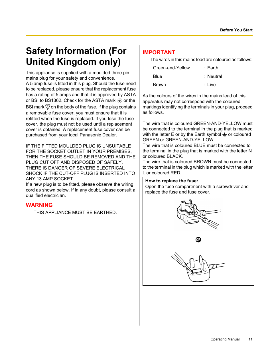 Safety information (for united kingdom only) | Panasonic KV-S5055C User Manual | Page 11 / 91