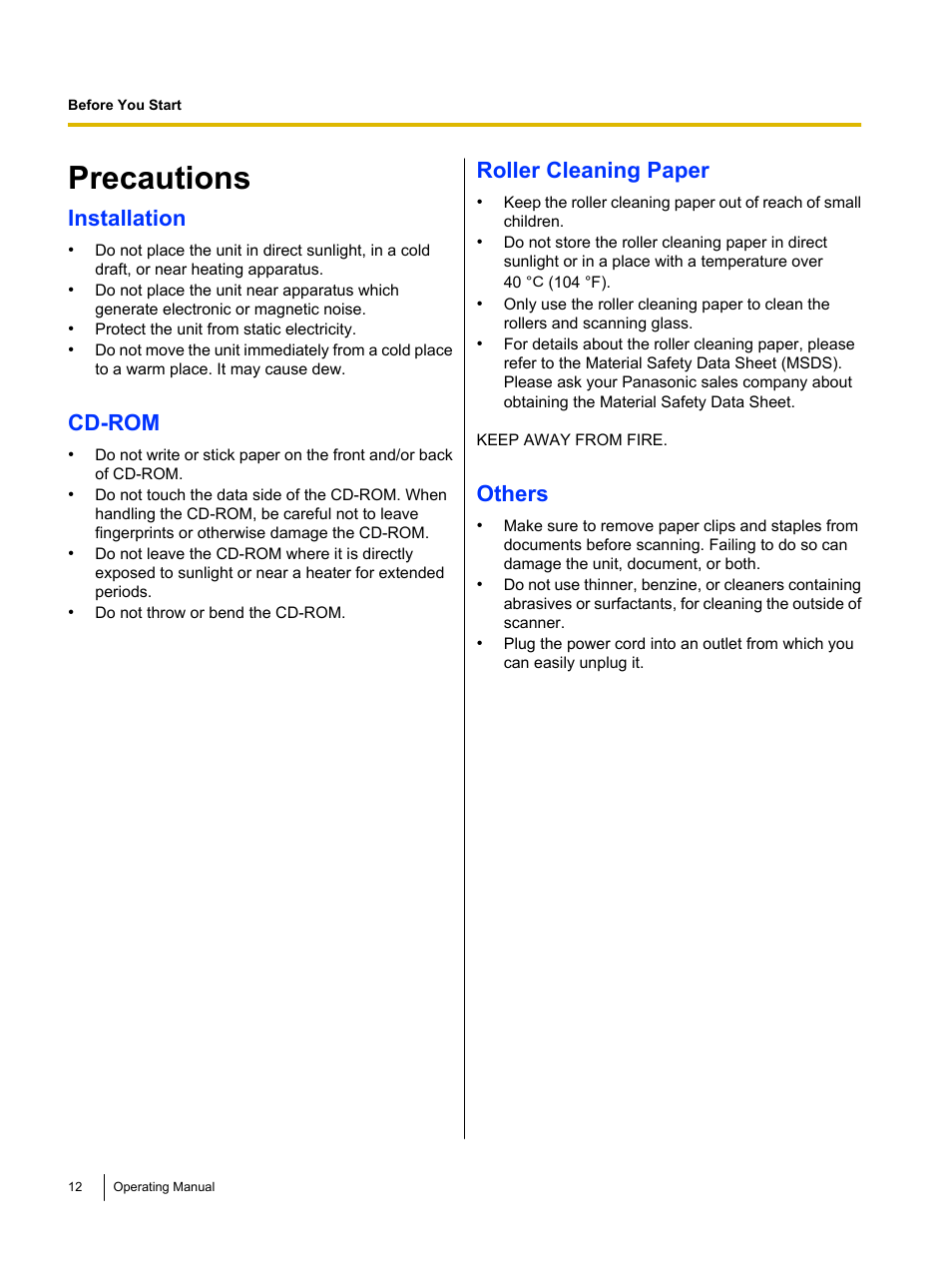 Precautions, Installation, Cd-rom | Roller cleaning paper, Others | Panasonic KV-S5055C User Manual | Page 12 / 91