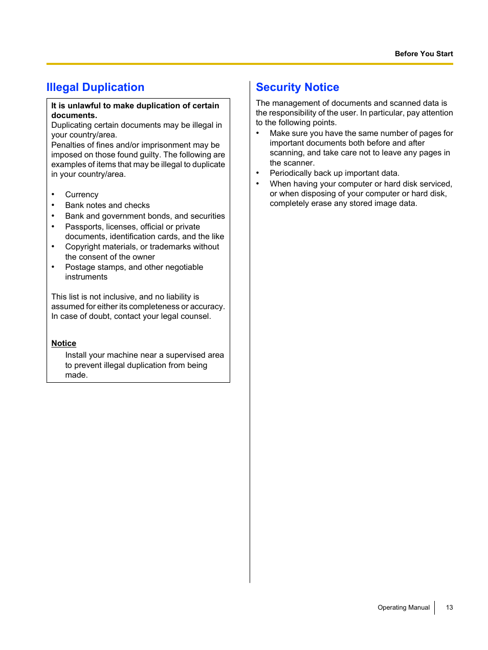 Illegal duplication, Security notice | Panasonic KV-S5055C User Manual | Page 13 / 91