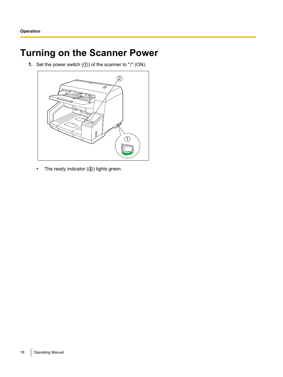 Operation, Turning on the scanner power | Panasonic KV-S5055C User Manual | Page 18 / 91